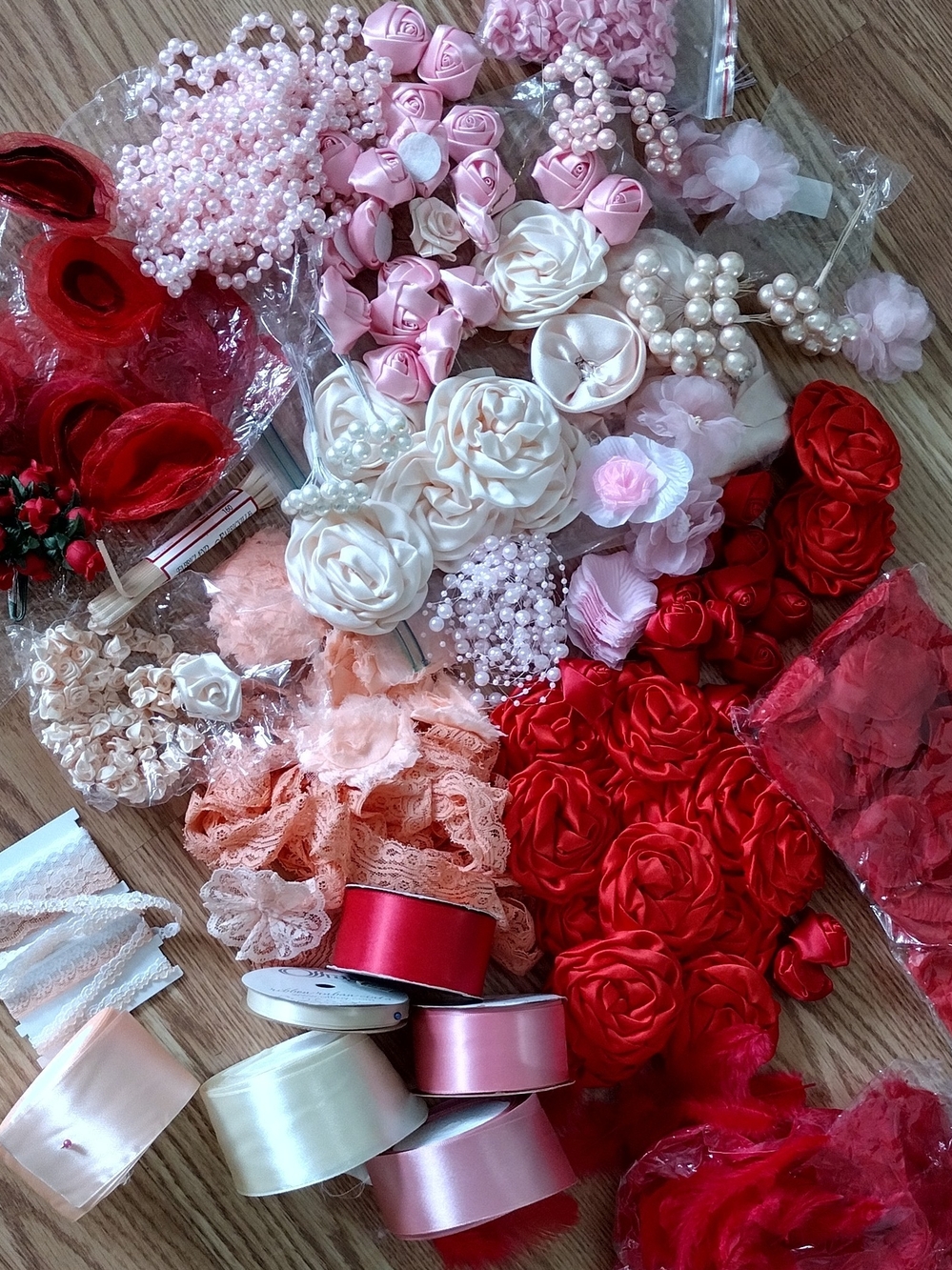 Assorted Satin Flowers, Lace & Ribbon Trim - Pink, Red, Cream for DIY Projects